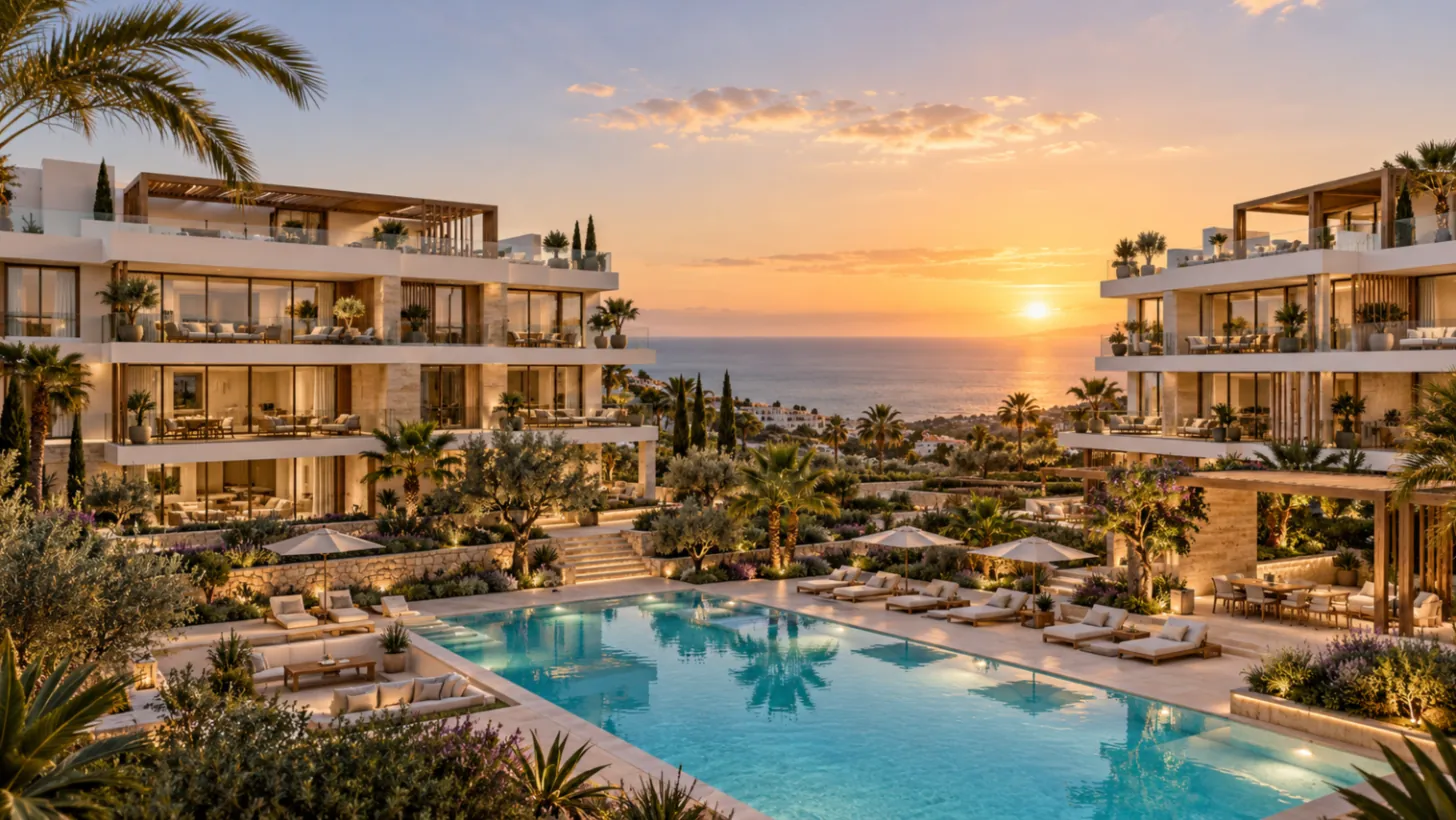 Alcora Residences at sunset: two white terraced buildings around a pool, the Mediterranean behind — illustrative visualisation