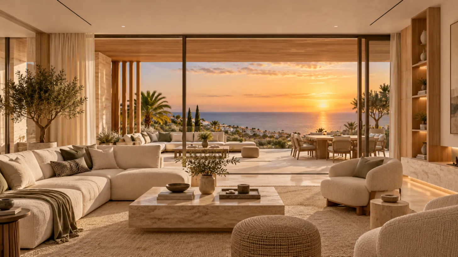 Living room opening onto a covered terrace with sea view — illustrative visualisation