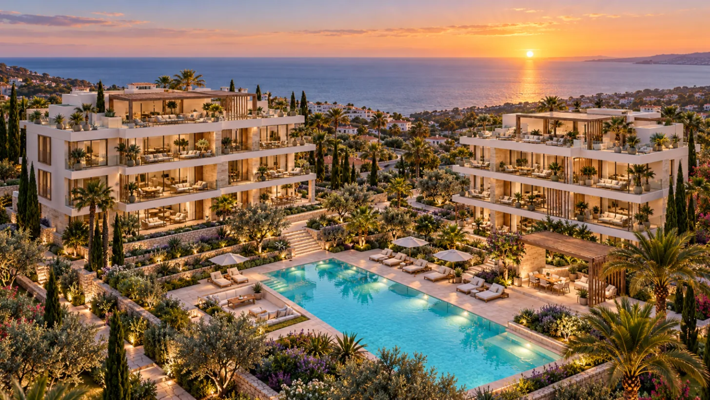 Visualisation of the development: both buildings around the pool garden — illustrative