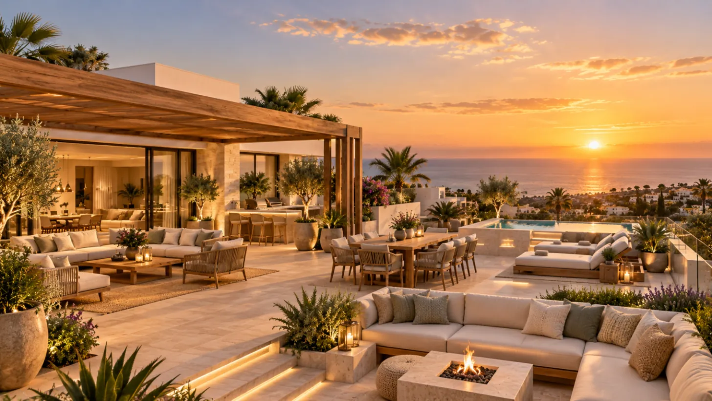 Penthouse roof terrace with pergola, plunge pool and sea view — illustrative visualisation
